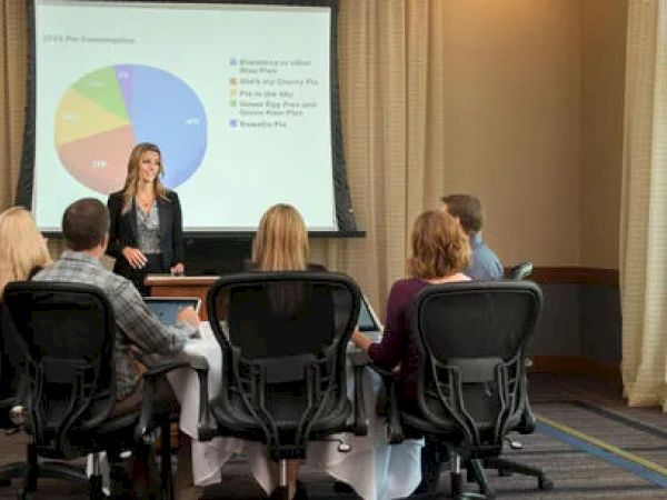 A presenter discusses pie consumption using a chart at a table meeting with six people, all seated in a conference room.