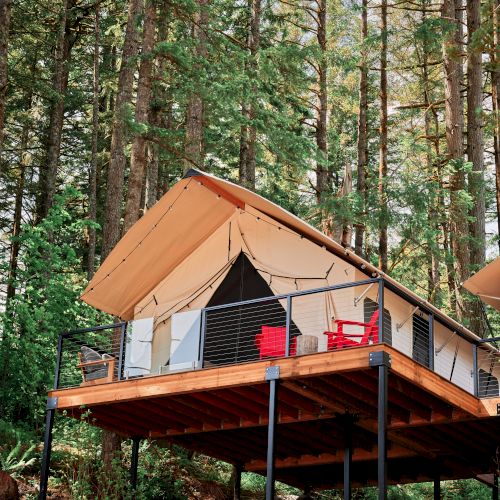 A raised wooden cabin on stilts among tall trees, with an open deck and a red chair outside, nestled in a forest setting.