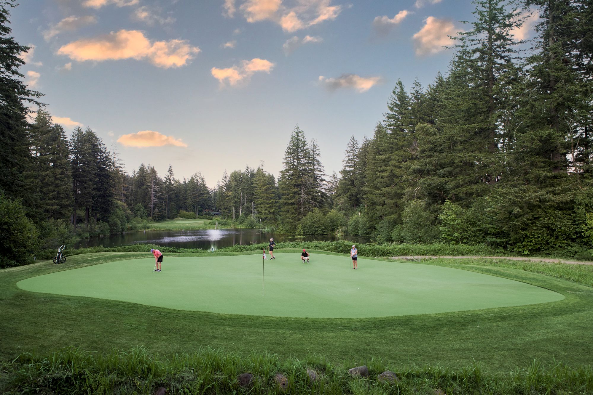 A peaceful golf course scene with four players on a green, surrounded by tall trees and a pond under a partly cloudy sky.
