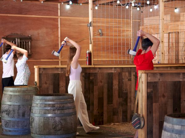 People are participating in an indoor axe-throwing activity, aiming at wooden targets in an enclosed area.