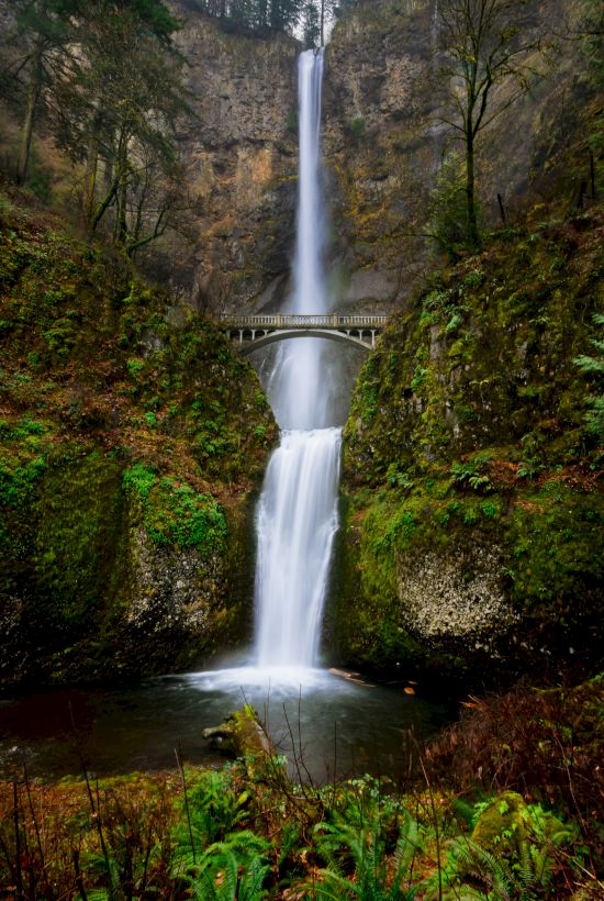 A two-tiered waterfall cascades between mossy cliffs with a bridge spanning the middle, surrounded by lush greenery.