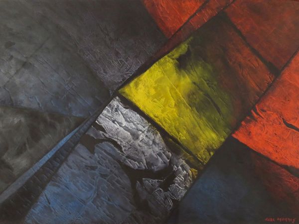 Abstract painting with bold, textured colors: black, red, yellow, and white intersecting in dynamic, angular forms and lines.
