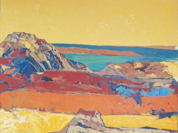 A vibrant landscape painting with colorful hills, a blue body of water, and a yellow sky in an abstract style, showcasing rich textures.