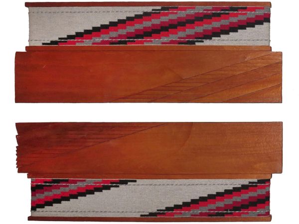 This image features two wooden weaving looms with colorful woven textile patterns in red, black, and white.