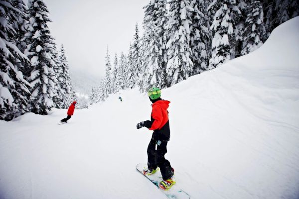 Two snowboarders in red jackets ride down a snowy slope surrounded by snow-covered trees in a winter landscape.