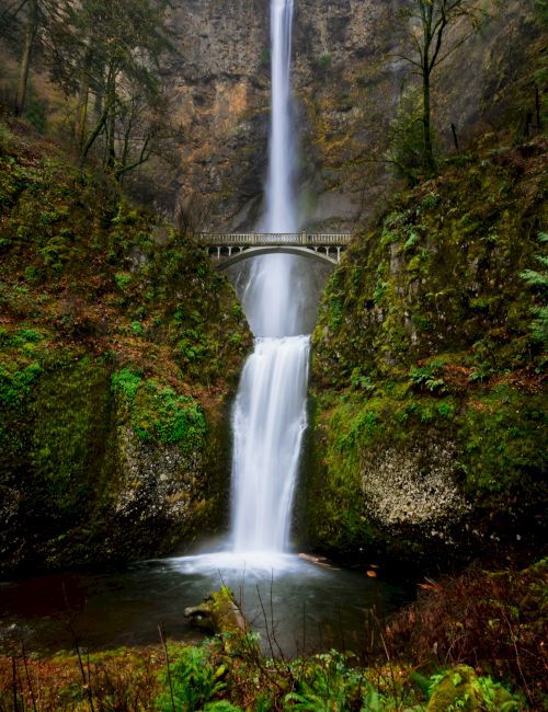A waterfall cascading in two tiers with a bridge in the middle, surrounded by lush greenery and rocky cliffs.