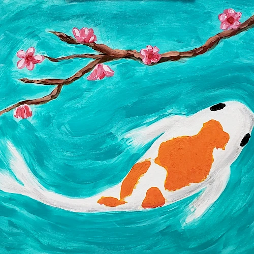 A koi fish with orange and white markings swims in turquoise water beneath a flowering cherry branch, blossoms pink and delicate.