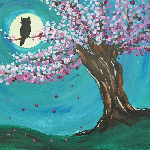 A silhouette of an owl on a branch of a blossoming tree against a bright full moon in a vibrant night sky.
