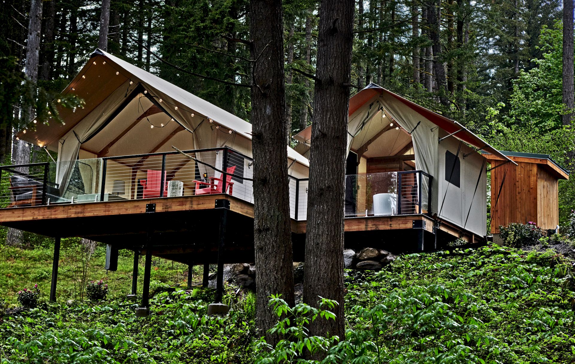 A hillside glamping site with tents on a raised platform, surrounded by trees and greenery, featuring outdoor seating.