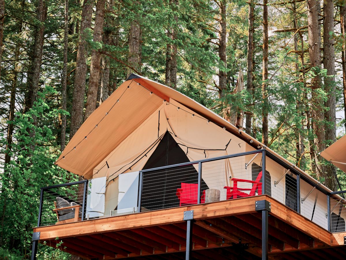 A raised cabin with a tent-like roof and red chairs on the deck, surrounded by tall trees in a forest setting.