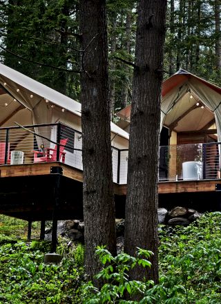 Two glamping tents on a wooden deck surrounded by trees, with a small wooden structure nearby and string lights.