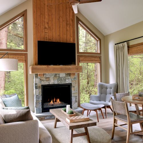 A cozy living room with a tall wooden ceiling, fireplace, TV, sofa, coffee table, and large windows offering a forest view.