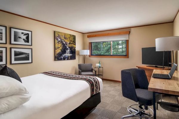 A cozy hotel room with a bed, desk, chair, TV, and artwork on the walls. There's a window with a forest view and ambient lighting.