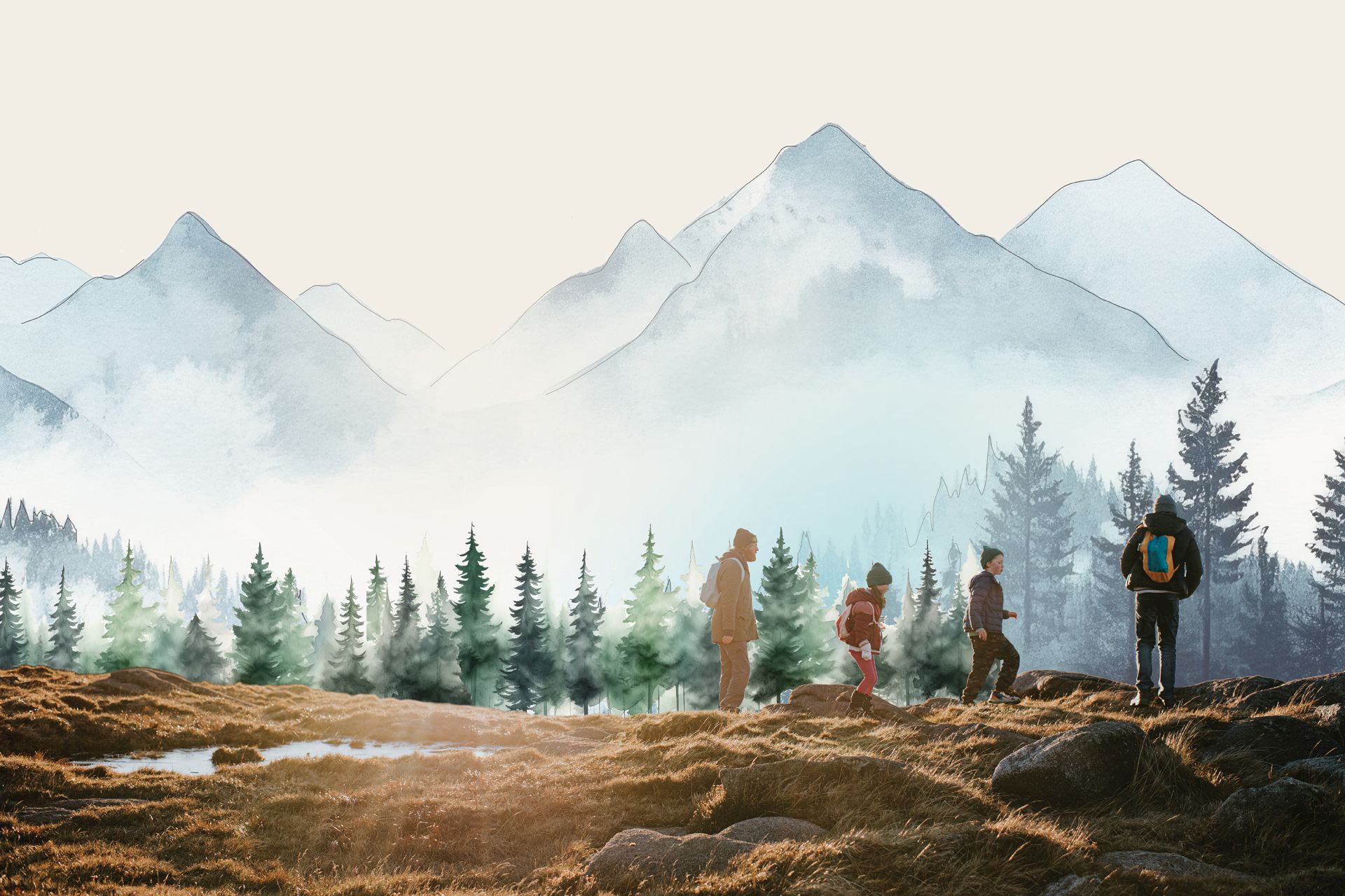 Hikers in a misty forest trek toward snowy mountains under a pale sky, with pine trees stretching into the fog.