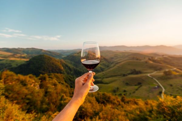 A hand holds a glass of red wine against a scenic backdrop of rolling hills and a winding road at sunset.