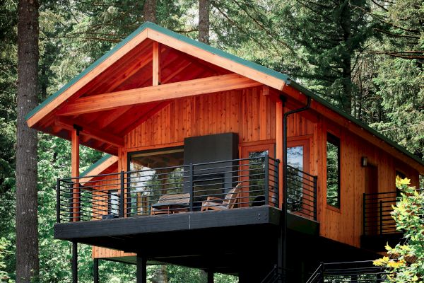A modern elevated wood cabin with a deck and staircase, surrounded by tall trees in a forest setting.