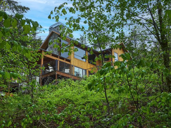 A wooden house with stone chimney nestled among lush green trees, viewed from below.