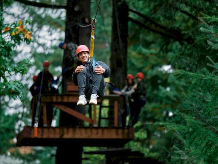 A person with a helmet is zip-lining through a forest while others watch from a wooden platform.