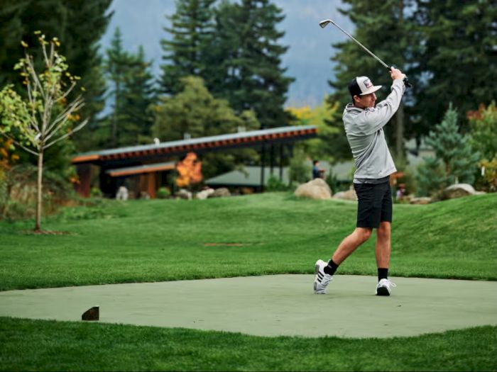 A person is playing golf on a lush green course set against a backdrop of mountains and trees, swinging a club.