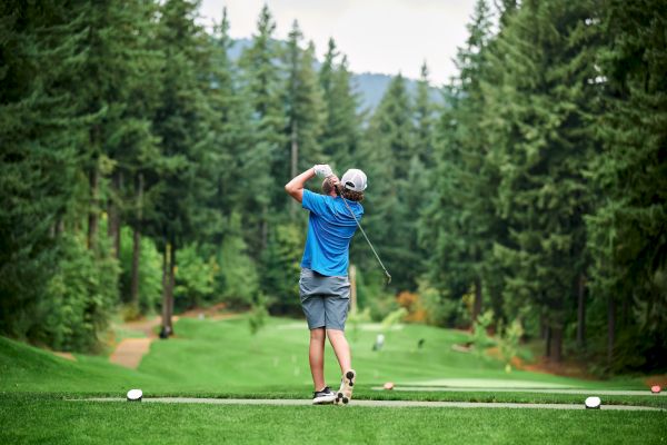 A golfer in blue shirt swings on a lush green golf course, surrounded by tall trees.
