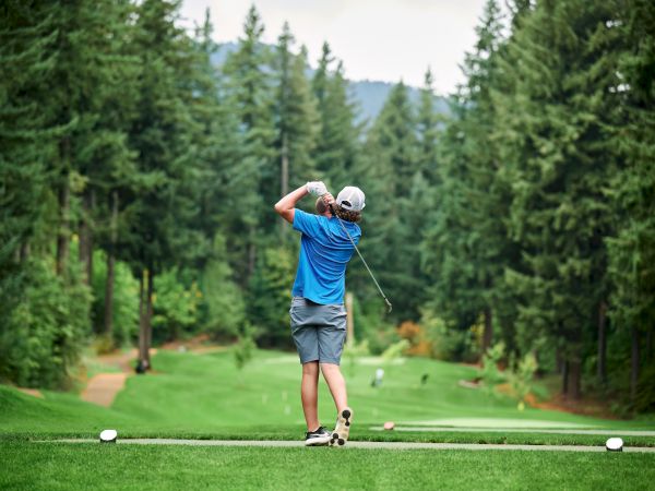 A golfer in blue shirt swings on a lush green golf course, surrounded by tall trees.
