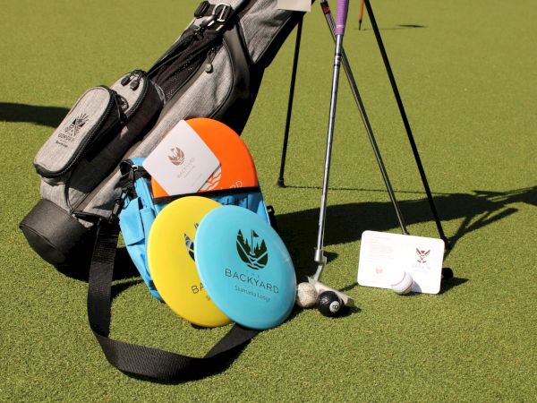 A golf bag, assorted discs, golf clubs, and a scorecard are on a green surface in the image.