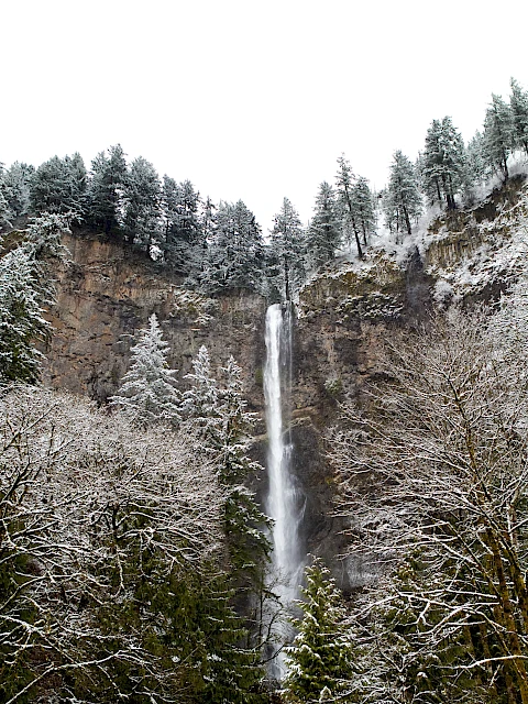 A tall waterfall in a cliffside forest, light snow on trees, misty spray at the base, wintry scene with evergreen pines.