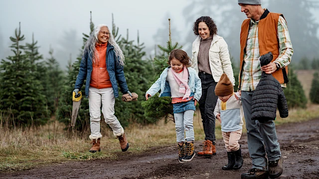 A family of four walks with a child holding hands with adults on a muddy trail in a forest; a joyous outdoor outing.