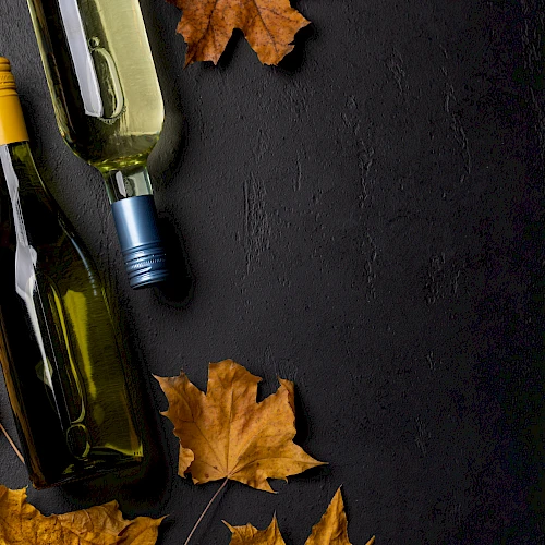 Two wine bottles with yellow and blue caps are placed among scattered autumn leaves on a dark surface.