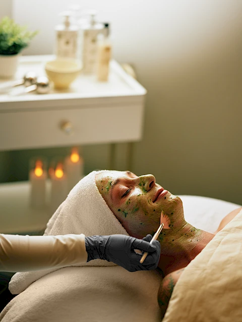 A person is receiving a facial treatment with a green mask applied, lying down in a spa setting with relaxing ambience.