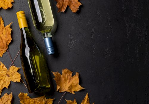 Two wine bottles with yellow and blue caps are surrounded by dried autumn leaves on a dark surface, creating a cozy seasonal vibe.