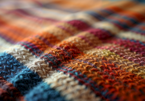 Close-up of colorful, textured woven fabric with multicolored fibers and a soft, fuzzy surface.