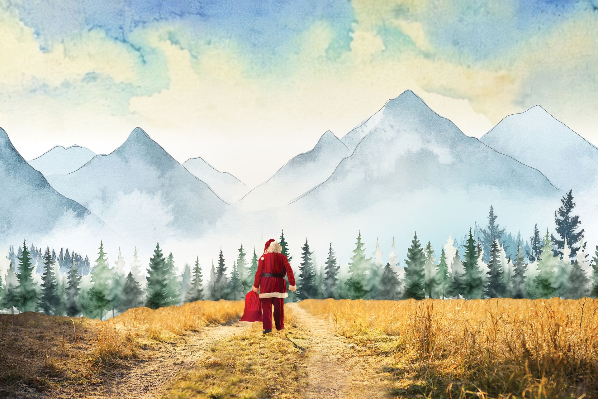 A scenic painting of a figure in red, resembling Santa, walking on a path in a landscape with mountains and trees.