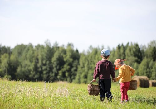 Two children in a grassy field, holding baskets and wearing hats, with trees and hay bales in the background.
