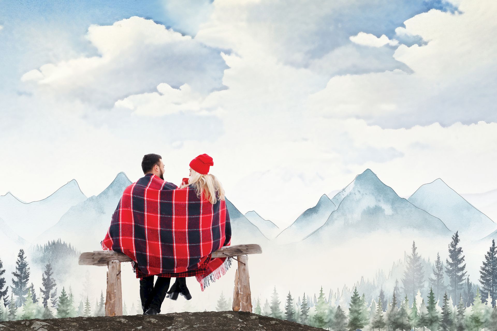 Two people sit on a bench wrapped in a red plaid blanket, overlooking misty mountains and pine trees under a cloudy sky. This ends.