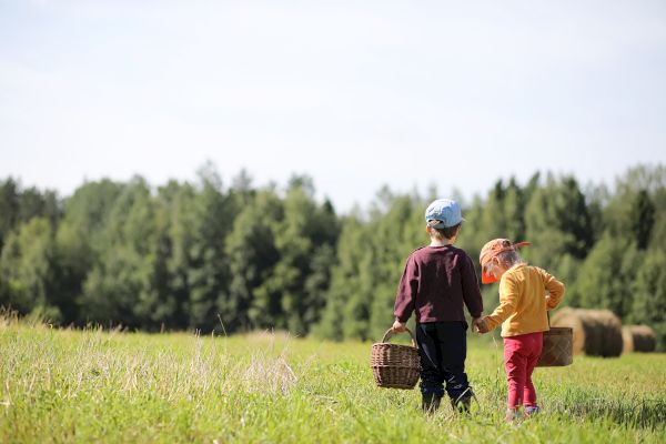 Two children with hats and baskets stand holding hands in a grassy field, with trees and hay bales in the background.