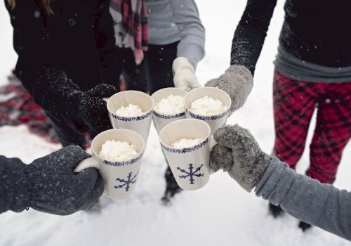 Five people standing in snow clink mugs filled with whipped cream, wearing cozy winter clothing and gloves.