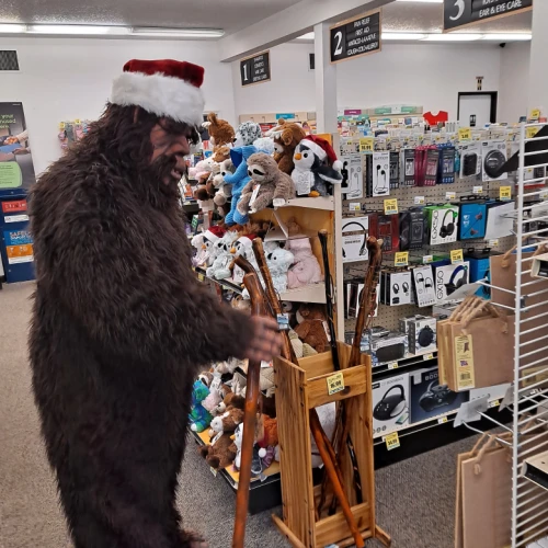 A person in a Bigfoot costume with a Santa hat shops in a store aisle filled with various items, including toys and walking sticks.